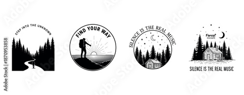 Nature-themed adventure badges featuring hiking, cabins, and forests