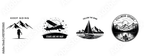 Adventure emblems: hiking, aviation, sailing, meditation in mountain landscapes