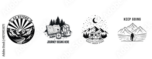 Monochrome adventure badges with mountains, compass, camper, hiking gear