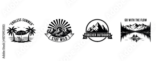 Monochrome outdoor adventure designs featuring mountains palms canoe