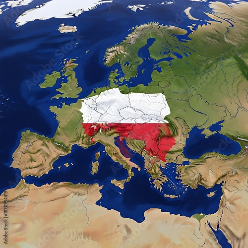 Flag of poland overlaid on european continent map showing central location