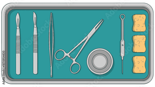 Professional surgical instrument tray with sterile scalpels and forceps on a clinical green background for operating room procedures and healthcare equipment supply business.