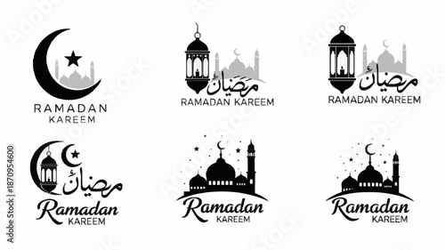 Collection of six black and white Ramadan Kareem logos and icons featuring crescent moons, lanterns, and mosques on a plain white background.