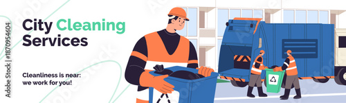Banner design of urban cleaning service. Template with municipal workers collecting trash into garbage truck. People carry waste bags, junk cans, dumpsters to car for recycle. Flat vector illustration