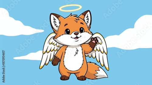 A cute cartoon fox with fluffy white wings and a golden halo waves a friendly hello from a cloudy sky.