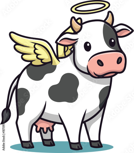 A cute cartoon spotted cow with small yellow wings and a golden halo stands peacefully