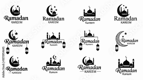Collection of Ramadan Kareem logos and icons featuring crescent moons, mosques, and lanterns in black on a white background.