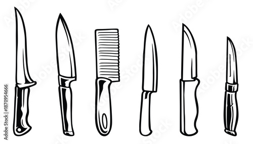 Knife set for butcher shop and kitchen vector illustration.