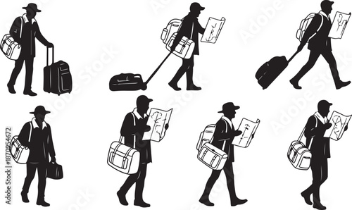 Businessman traveling with luggage and briefcases in various poses