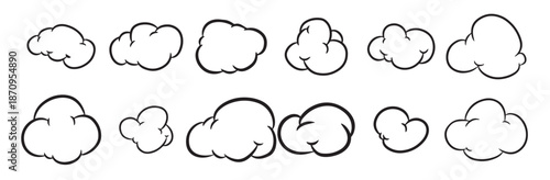SET OF CLOUD HAND DRAWN DOODLE STYLE. Speech dialog drawn set. Speech bubble and dialog element in hand drawn cartoon style comic cloud, chat box, graphic manga effect emphasis. Vector illustration.