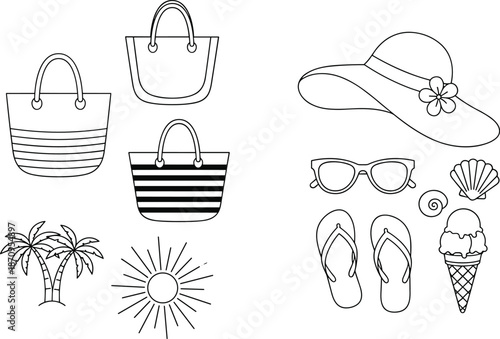 Summer vacation accessories line art set with beach bags, sun hat, sunglasses, flip flops, palm trees and ice cream, travel lifestyle outline illustration