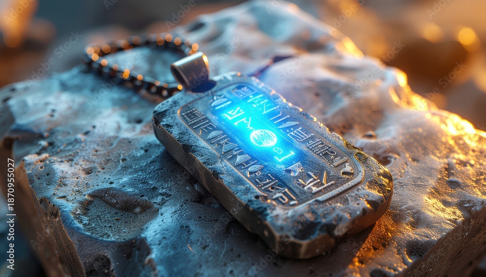 Fototapeta premium Ancient mystic amulet pendant with glowing runes on stone rock. Fantasy artifact jewelry with mystical power. Adventure game item find.
