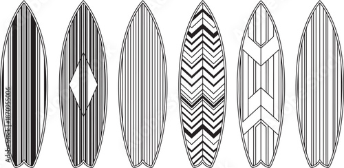 Surfboards set with different geometric patterns vector outline illustration