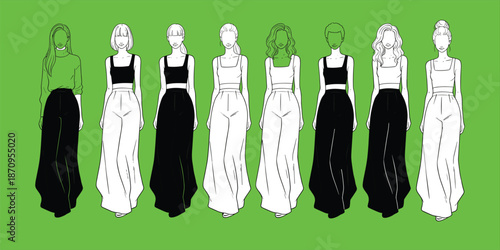 Stylized vector lineup of diverse female fashion models in long flowing skirts and crop tops, runway poses, minimalist flat illustration, editorial silhouettes