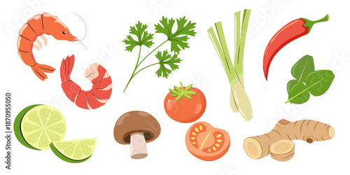Tom Yum Ingredients Vector Set. Thai Soup Cooking Elements