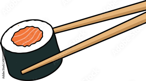 Sushi roll with salmon filling held by wooden chopsticks, flat vector illustration of Japanese food isolated on white background