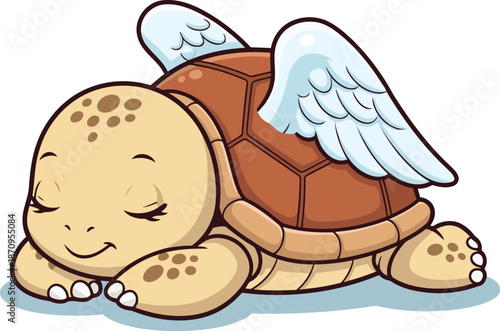 A peaceful cartoon turtle with small white wings sleeps soundly and sweetly
