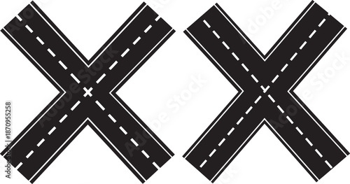 Road Intersection Crossroad Silhouette Icons with Traffic Lanes for Infrastructure and Urban Planning Design