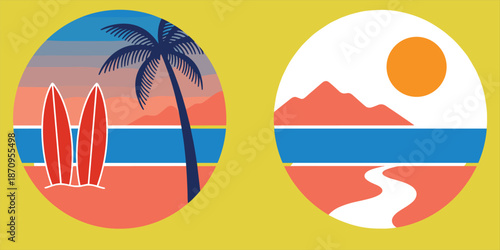 Tropical beach sunset with surfboards and palm tree, circular coastal landscapes, sun over ocean, sandy shore, island silhouette, travel summer vector icons