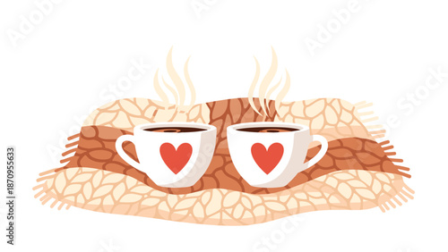 Two steaming white mugs adorned with red hearts, filled with a warm beverage, nestled together on a soft, cozy knitted blanket, symbolizing comfort and love.