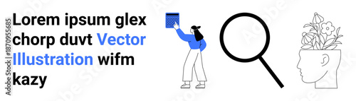 Education, mindfulness, discovery, personal growth, creativity, self-reflection. Woman holding a box, magnifying glass and head with blooming flowers. Education and mindfulness themed illustration