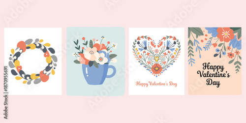 Valentines Day floral design set, romantic bouquet graphics, heart wreath illustration, festive greeting layout, pastel love theme, flat vector illustration