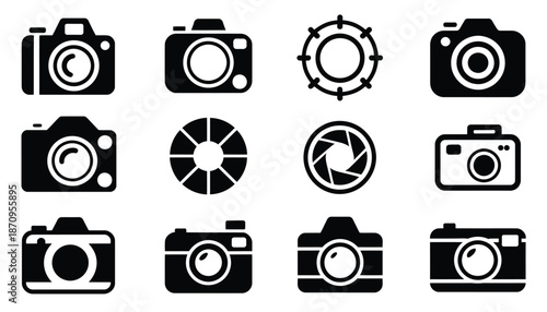 Camera and photography icon collection with photo equipment symbols, lens and picture concepts, media icons, and creative tools, ideal for photographers, digital platforms, graphic design, and visual 