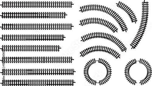 Vector railway track elements pack with straight, curved, circular rail segments, railroad ties, sleepers, turnouts, modular train track pieces for model layouts