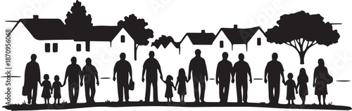 Silhouette of diverse family and community standing together outdoors