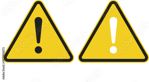 Yellow warning triangle alert icons with exclamation mark, caution and hazard symbol set, safety notice sign, minimal flat vector illustration