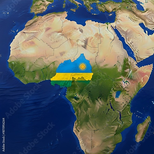Flag of rwanda superimposed on map of africa showing its geographical location