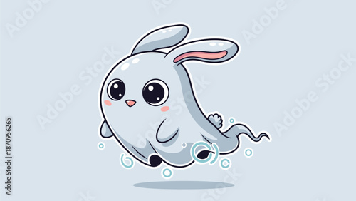 A cute and friendly cartoon ghost bunny with big eyes and long ears floats playfully against a soft gradient background.