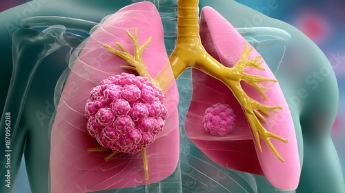 Flat realistic illustration of mediastinal tumor showing chest cavity anatomy central tumor simple vector shapes medical educational style