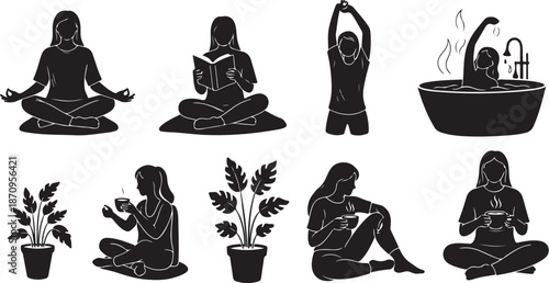 Black Silhouettes of Women Practicing Yoga and Meditation