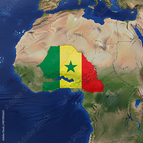 Republic of senegal flag over realistic 3d globe map highlights location on african continent