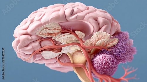 Flat realistic illustration of occipital lobe tumor showing visual cortex anatomy growth clean vector shading medical clarity style