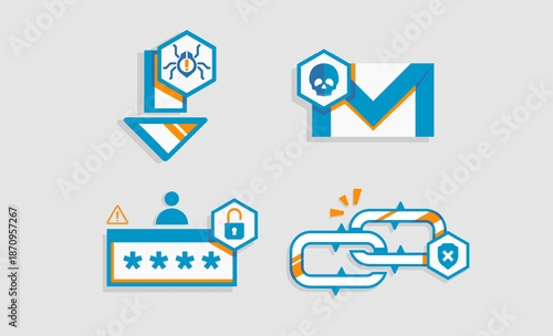 Cyber security icon set featuring malware download, phishing email, password theft, and broken link threats. Professional vector flat style for digital safety and data protection awareness. Digital 