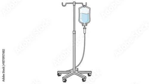 Medical intravenous IV stand with fluid drip bag and tubing for hospital patient care and professional clinical healthcare logistics and facility management business services.