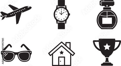 Modern lifestyle icons featuring airplane watch perfume and sunglasses