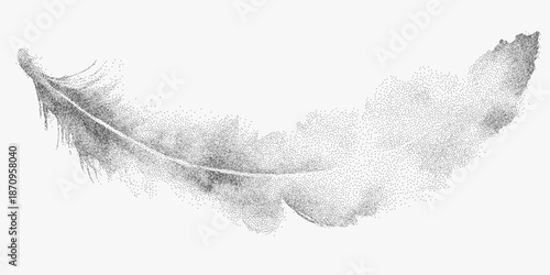 Watercolor silhouette of a feather with distressed speckles, grainy paper texture and faint stains adding a gentle grunge tone to the fluid shape.