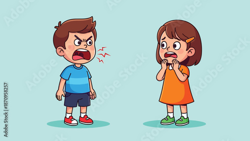 Angry boy yelling at scared girl conflict between children.