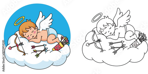 Cute baby cupid sleeping on a cloud with bow and arrows vector illustration for coloring book page and Valentine's Day design