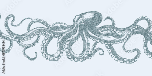 Octopus print with rough grain texture, speckled dust layers and faint stains on aged paper surface with visible distressed marks.