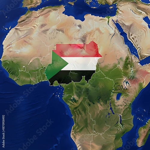 Sudan map with sudanese flag over african continent three dimensional physical map