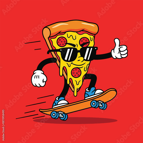 Cool Pizza Slice Character Skateboarding with Thumbs Up.