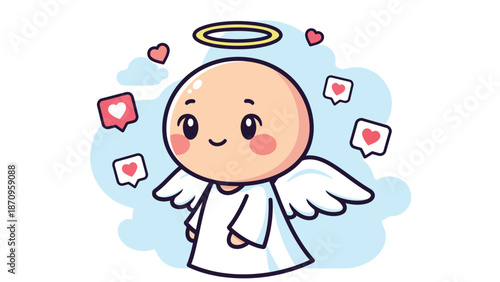 A delightful and bald cartoon angel character with rosy cheeks, a golden halo, and white wings surrounded by floating heart-shaped social media like icons on a pastel blue background.