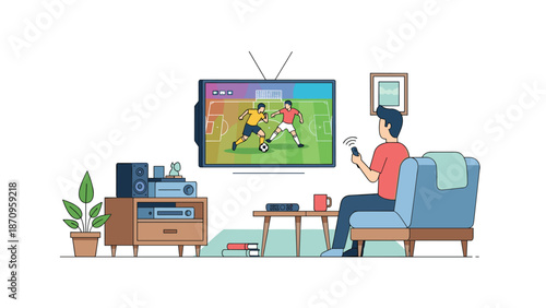 Man sitting comfortably on a blue sofa, holding a remote control, enjoying a lively soccer game broadcast on a large TV in a cozy living room.