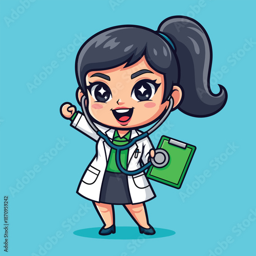 Cute Female Doctor with Stethoscope and Clipboard Cartoon Illustration.