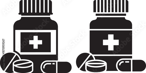 Medical pill bottle with capsules and tablets silhouettes, healthcare and pharmacy concept icon for prescription drugs and medicine treatments.