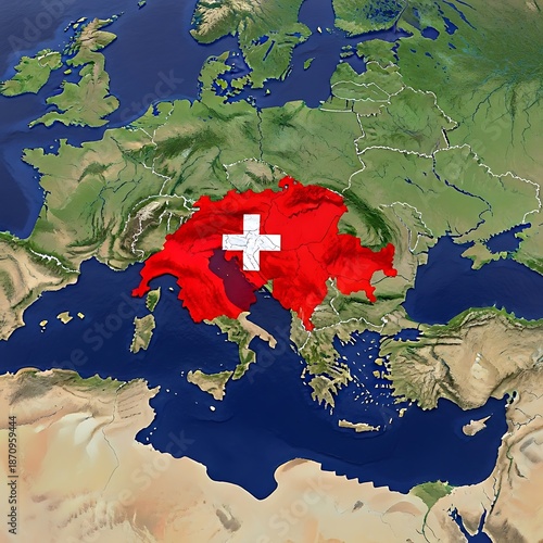 Map of europe showing switzerland country flag overlay digital illustration